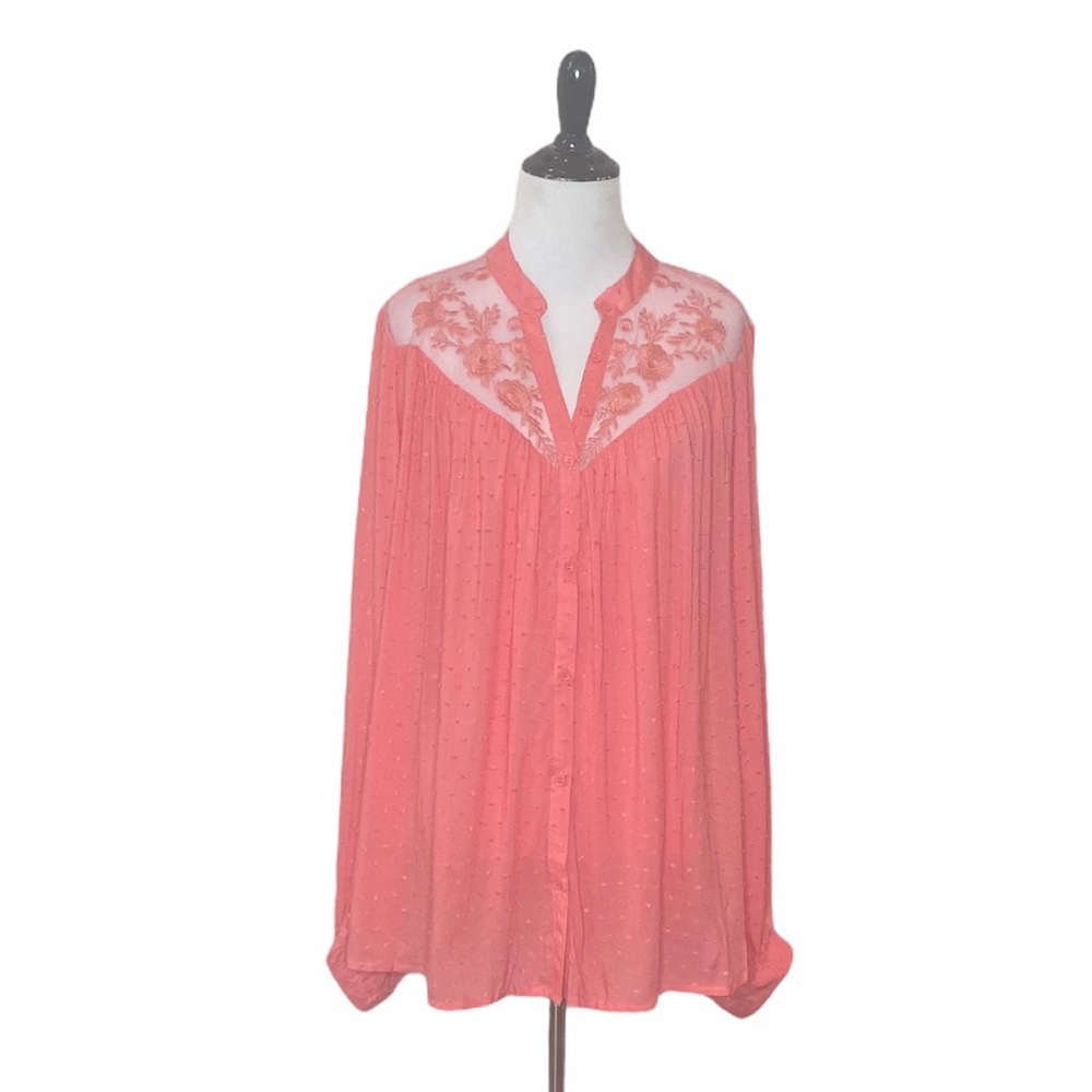 Entro Pink Swiss Dot Floral Lace Split Neckline Top